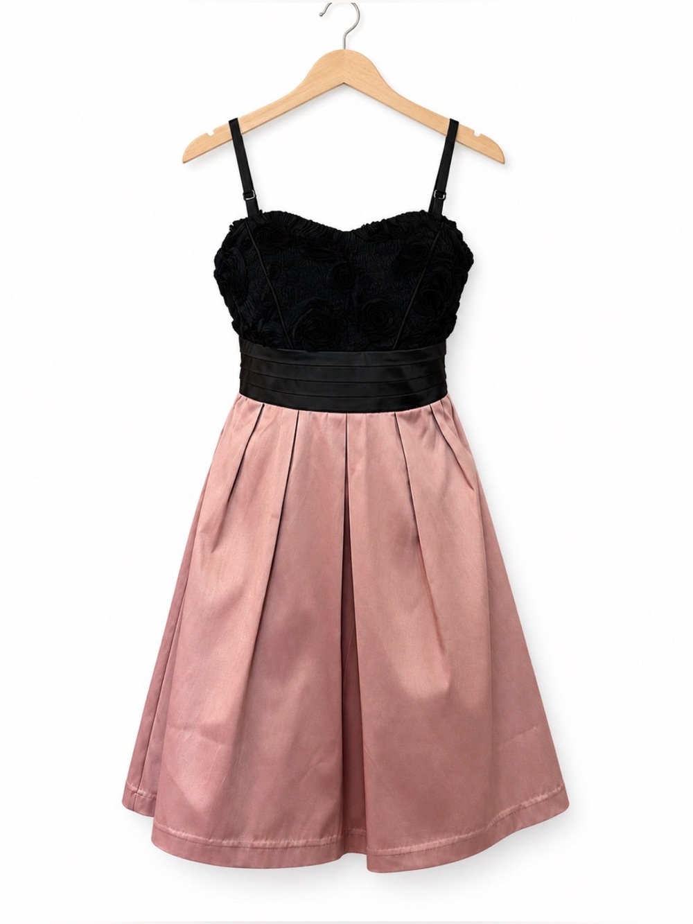 NWT XOXO Pink Satin Black Floral Applique Bodice mini dress wedding guest size 7